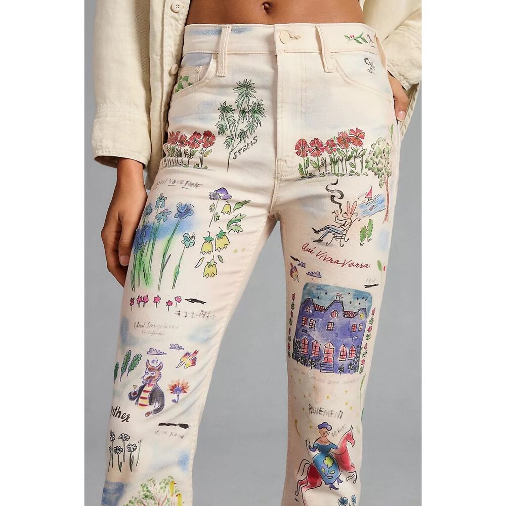 MOTHER The Rider Skimp Straight Leg Jeans Moto-Rabbit Distressed Paint 34 🎨 - Picture 2 of 13